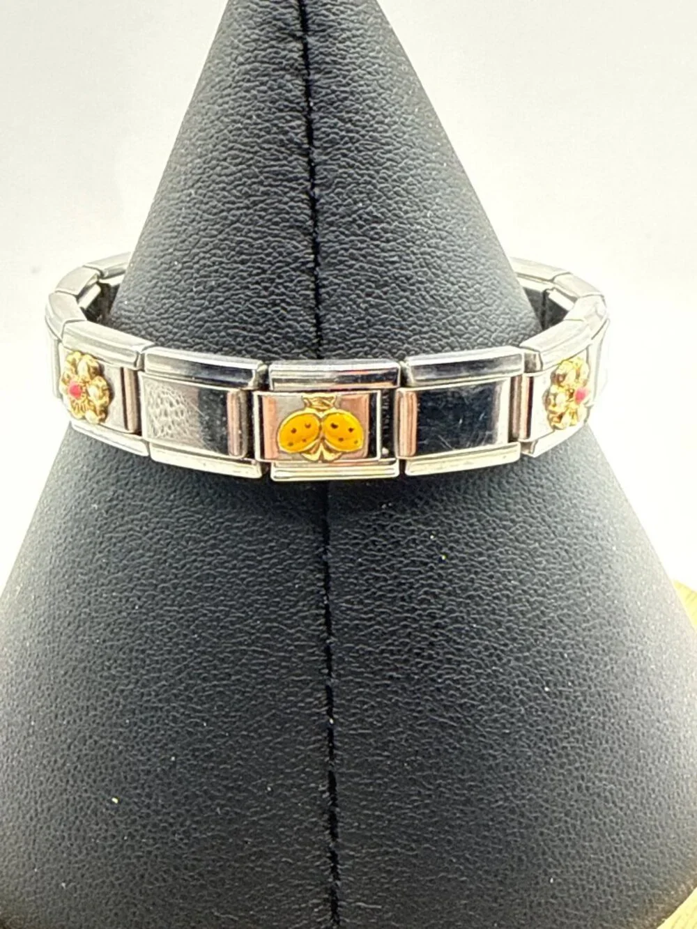Y2K Italian Charm Bracelet Stainless Steel Enamel Ladybug Gold Tone Flower